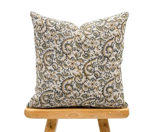 Krinto Black, Olive and Yellow Floral Design on Natural Linen Pillow Cover, Black, Green and Yellow Pillow Cover, Farmhouse Pillow, Floral Pillow (Olive Green and Mustard, 24