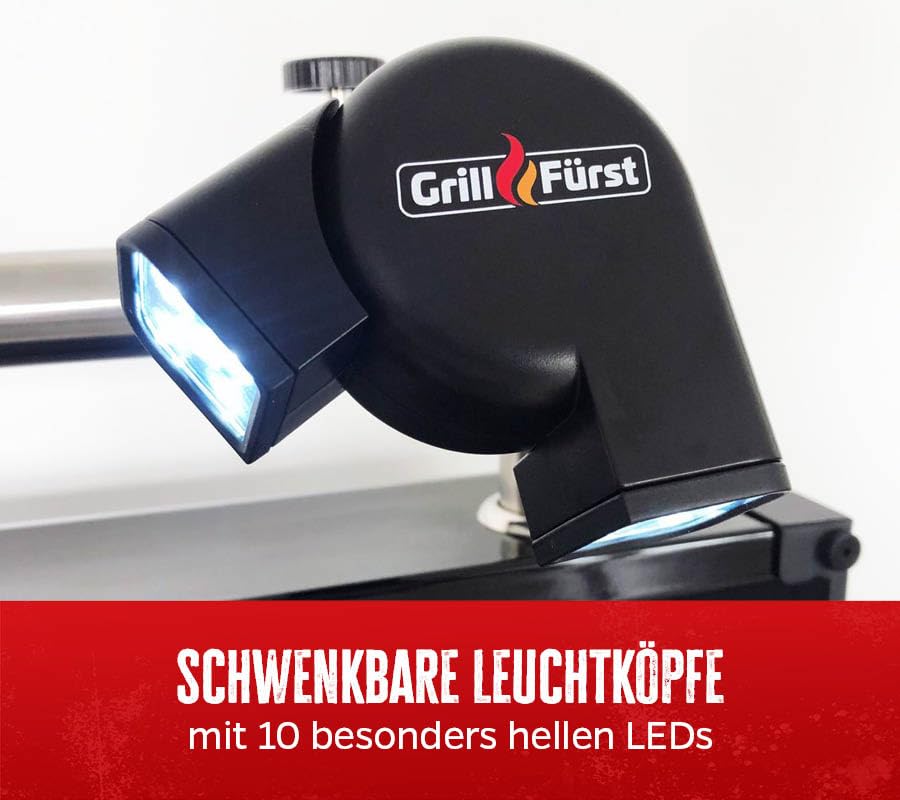 Grillfürst Universal LED Grilllampe - BBQ Grill-Licht - Grifflicht - Zwei schwenkbare Leuchtköpfe - Universell einsetzbares Grilllicht für viele Gasgrill Modelle