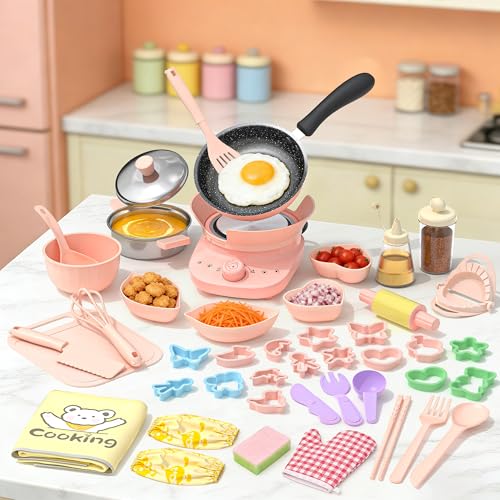 Gotoofun Kids Real Cooking Set with Mini Electric Stove 45 PCS Montessori Mini Cooking Set with Safe Knife & Kitchen Tools Cooking Set for Beginner Chef Ages 6-12 Boys & Girls