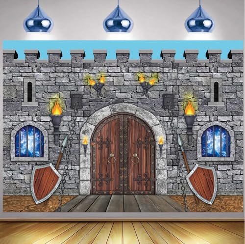 Fondale Fotografico Medievale 2,4 X 1,8 M – Castello Blu Con Cavaliere E Mura In Pietra, Per Feste Di Compleanno E Decorazioni