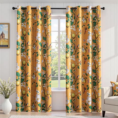 Image of MYSKY HOME Yellow Floral Blackout Curtains 84 inch Long for Living Room Vintage Mid Century Style Lemon Hummingbird Patterned Room Darkening Privacy Drapes Grommet Bedroom Dining Room, 2 Pcs, 52 inchWide