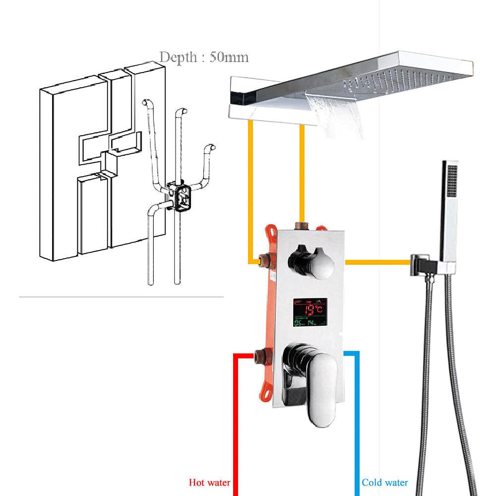 Rubinetto per doccia Display digitale Doccia a pioggia Miscelatore per acqua calda e fredda Miscelatore per doccia con schermo LCD da bagno-Cromo