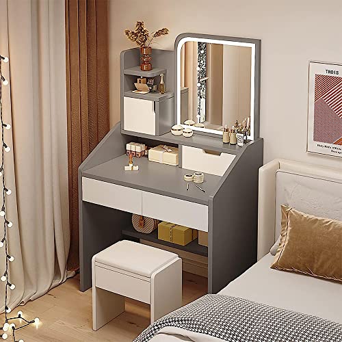 Escritorio de tocador blanco con espejo iluminado ajustable y estantes de almacenamiento, mesa de maquillaje ideal para dormitorio y estudio (27.6 pulgadas de longitud)