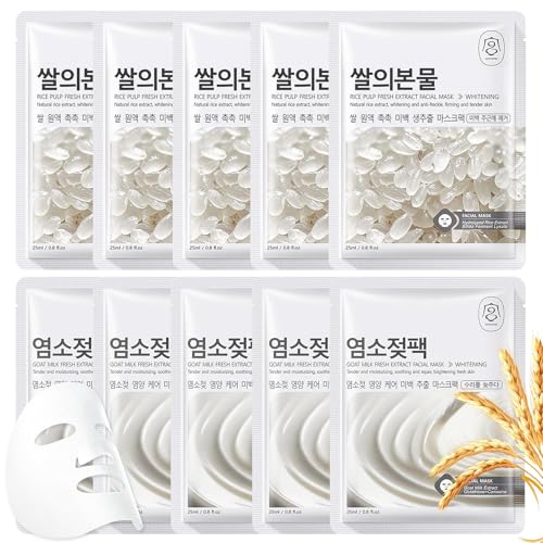 10 Stück Gesichtsmaske Set Ziegenmilch + Rice Tuchmasken Gesicht Face Feuchtigkeit Skincare Mask Sheet Für Intensive Feuchtigkeit, Beruhigende Pflege & Hautreparatur (Verpackung auf Koreanisch)