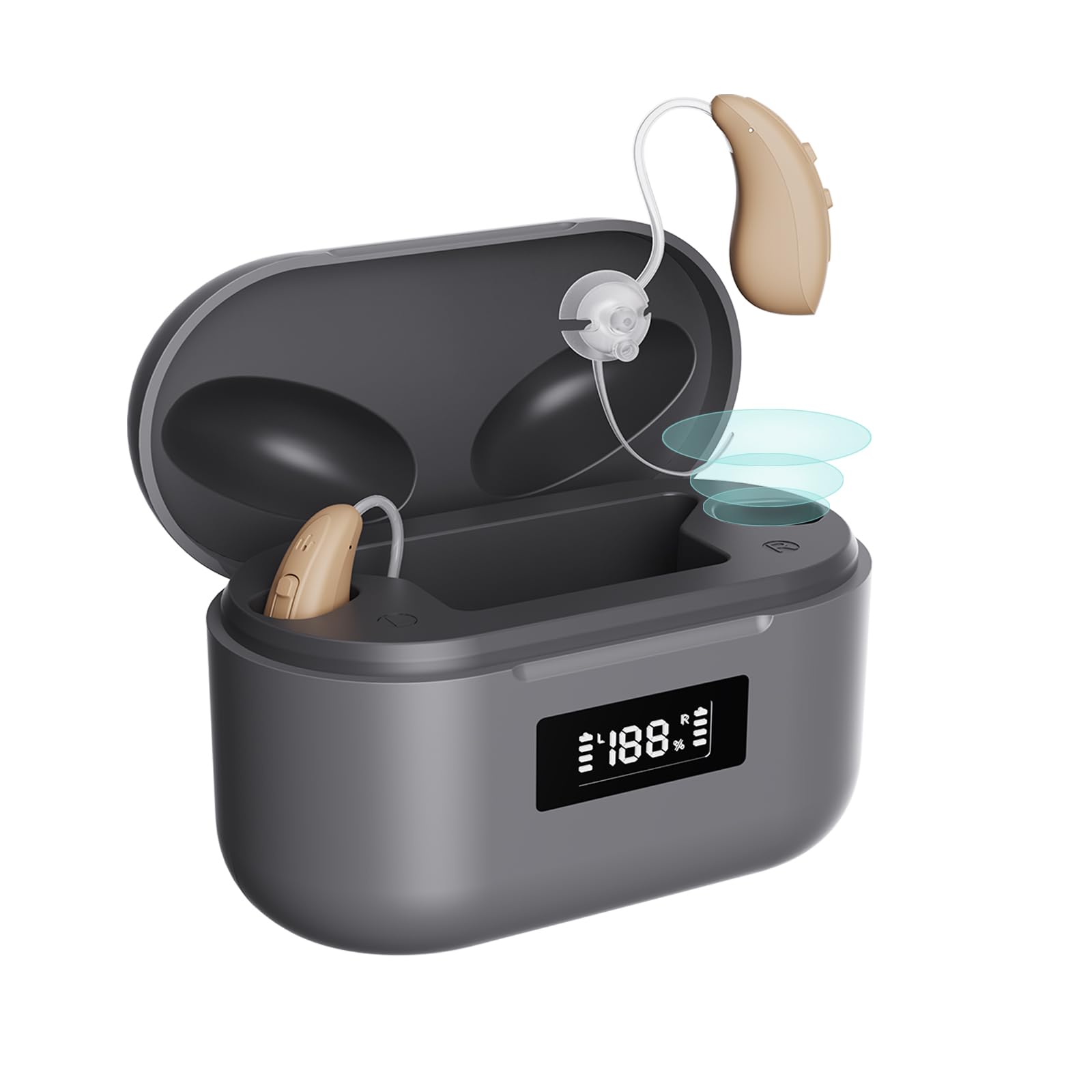 HOEABAIDY BTE Hearing Aid, Rechargeable Hearing Aids with Noise Cancellation, Pair of Hearing Amplifier with Volume Control and Mode Switching for Adults and Seniors Daily Living, Personal Sound Amplifiers with Portable Charging Case