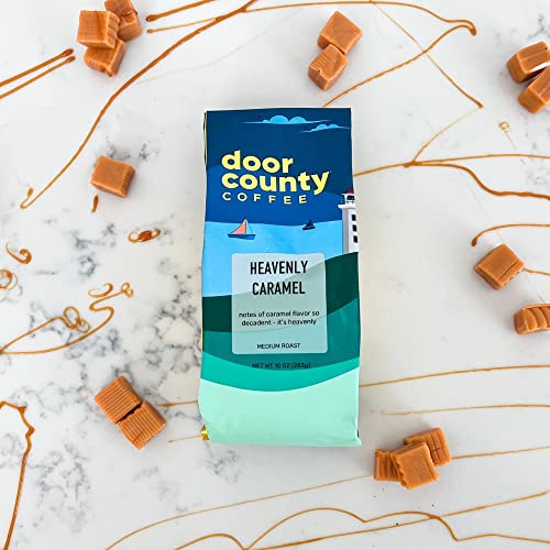 Door County Coffee - Heavenly Caramel Decaf, Sweet & Buttery Caramel Flavored Ground Coffee - Medium Roast, 10 oz Bag