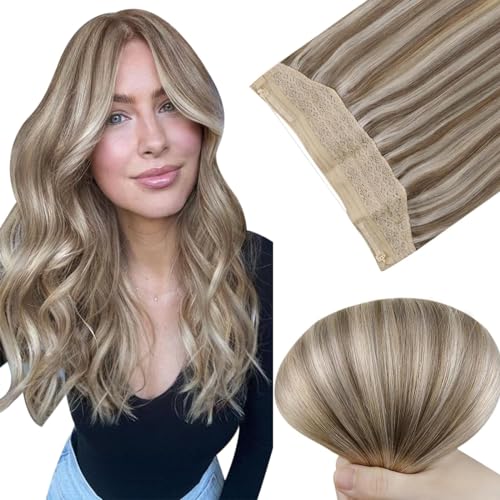 Easyouth Human Hair Wire Extensions Highlight Blonde Invisible Wire Human Hair Extension 20Inch One Piece Fish Line Hair Extensions Brown Mixed Blonde for Women 100g #8P60