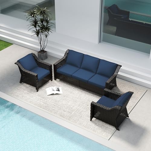 Image of 3 Piece Patio Furniture Set, Wicker Outdoor Conversation Set | Patio Chair Set with Olefin Removable Cushion, All-Weather Outdoor Couch with Deep Seat for Porch, Deck and Backyard, Blue