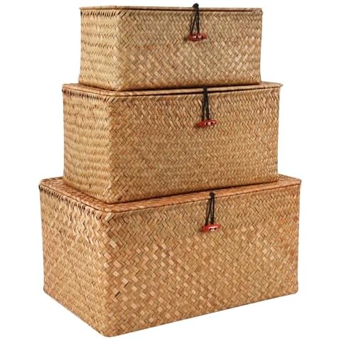 Moosky Wicker Shelf Baskets with Lid,Natural Seagrass Storage Basket Boxes Handwoven Rectangular Baskets Bins Multipurpose Home Organizer Decor (Large+Medium+Small) Cover