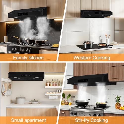 30 Inch Under Cabinet Range Hood 1200CFM, 4-Speed Kitchen Hood with Touch Control & Gesture Sensing Stainless Steel Kitchen Stove Vent Hoods with 2 LED Lights Black Standard Series