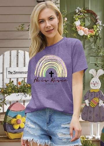 Image of Ithalt Easter Shirts for Women He is Risen Tshirt Easter Christian T-Shirt Jesus Lover Short Sleeve Tops