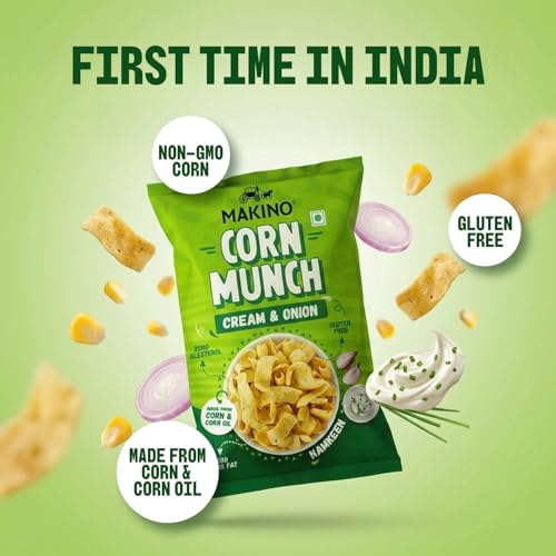Image of Makino Corn Munch - First Time in India, Indian Masala, Tomato, Cream & Onion, Red Chilli Chataka| Non-GMO Corn, Zero Trans Fat, Zero Cholesterol | Gluten Free, No MSG, 150 Grams (Pack of 8)