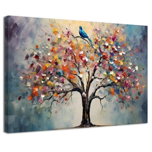 Toile abstraite oiseau bleu fresque colorée peinture moderne évocatrice d'évasion