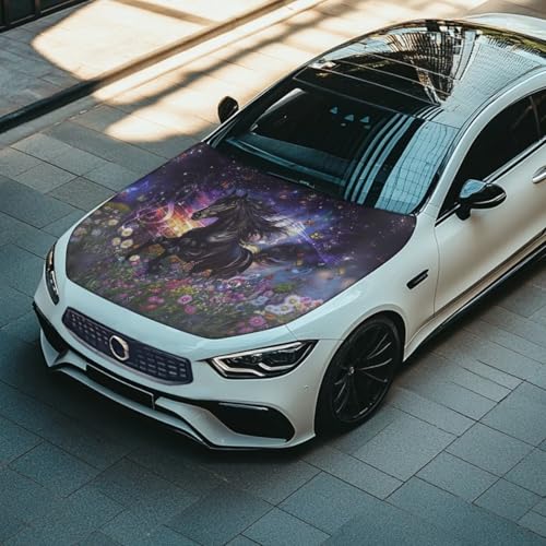 Image of Car Hood Cover Protector 59x39 Inch Waterproof Sun-Proof Auto Hood Flag Horse and Flower Universal Automotive Exterior Accessories for Most SUV Sedans Trucks
