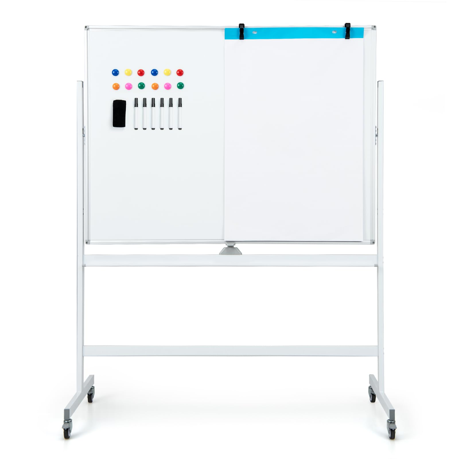 GIANTEX Pizarra Blanca Magnética de Doble Cara, 120 x 90 cm, Pizarra Móvil con Altura Ajustable de 2 Niveles, con Borrador, Marcadores Negros, Imanes, Whiteboard para Aula, Oficina (Blanco)