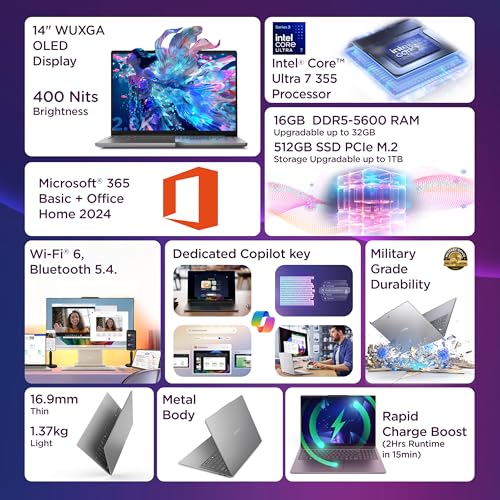 Image of Lenovo IdeaPad Slim 5 Intel Core Ultra 7 355 Next-Gen AI PC (16GB RAM /512GB SSD /14 (35.5cm) /WUXGA OLED /Copilot+ PC /Windows 11 /MSO 365 Basic+Office 2024 /1Yr ADP Free /Grey /1.4Kg), 83S5005KIN