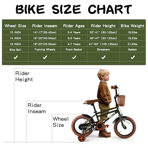 Image of RULLY 12 14 16 Inch Boys' Bike for Kids Ages 2-6, Toddler Bicycle with Training Wheels, Coaster Brake & Handbrake, and Front Basket(Blue Black Green)