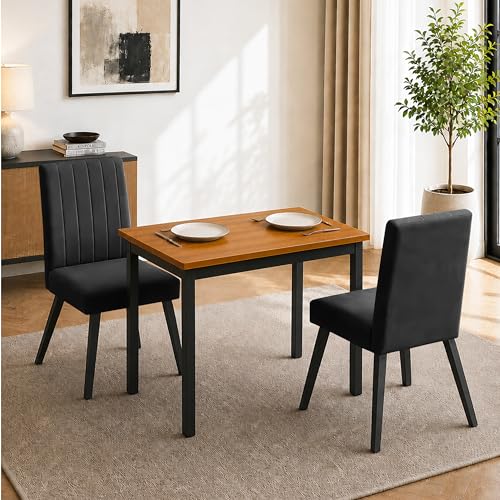 Image of Rosebell Set of 2 Dining Table Chairs with Wooden Top Table, Upholstered Cushioned Chairs, Modern Compact Dining Set for Home, Kitchen & Dining Room (Black)