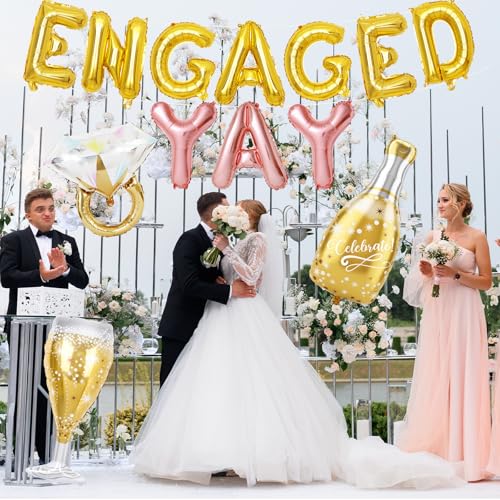 Image of Gold Engagement Party Decorations, Engaged Yay Balloons Letters Banner, Diamond Ring White Champagne Bottle Balloon Glass Foil Balloon for Bachelorette Engagement Wedding Bridal Shower Party Supplies