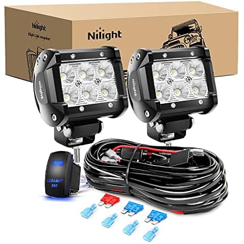 Nilight LED Light Bar 2PCS 18W Flood Led Off Road Lights 12V 5Pin Rocker Switch LED Light Bar Wiring Harness Kit, 2 Years Warranty Cover