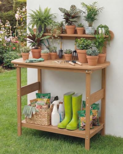 Kibaso HIPS Outdoor Potting Table Bench with 3-Tier Storage Teak Kibaso HIPS Outdoor Potting Table Bench with 3-Tier Storage Teak - Image 1
