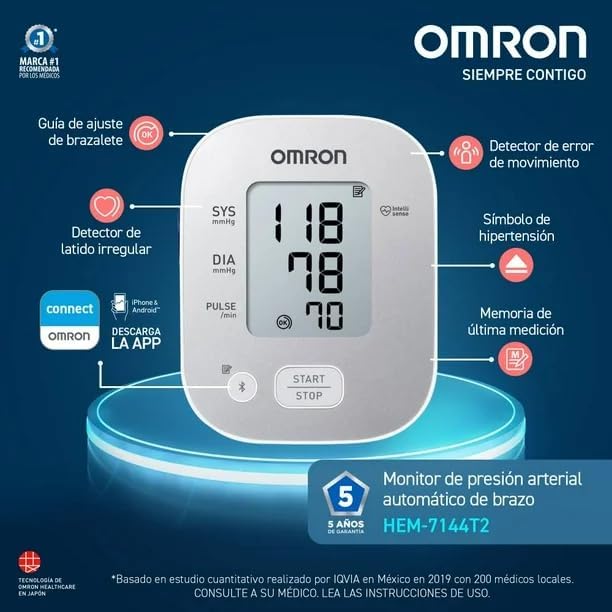 Person taking blood pressure measurement with OMRON HEM-7144T2 monitor and viewing results on OMRON connect app on a smartphone.