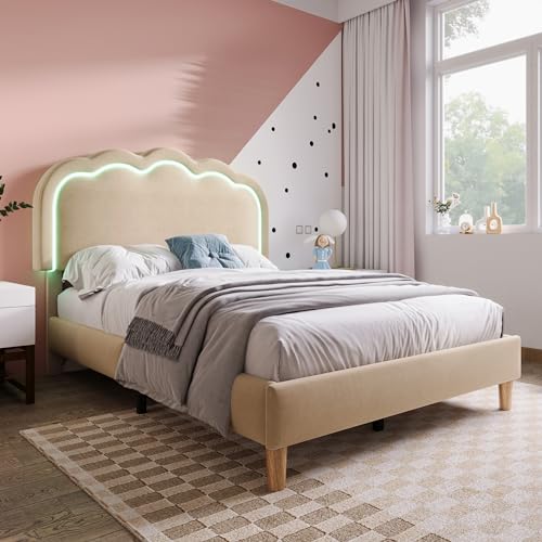 Merax Beige Puff LED Polsterbettrahmen 90x200cm