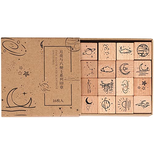 Namvo 16 Pcs Wood Rubber Stamp Set - Moon & Star Decorative Wooden Universe Planet Stamps for DIY Crafts Card Making, Calendar