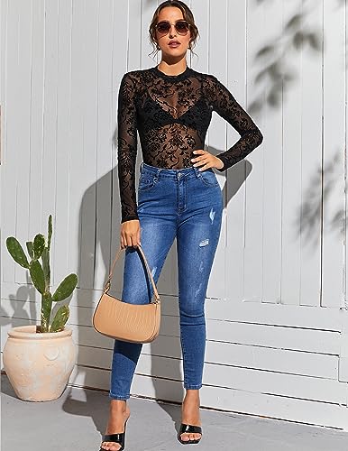 Image of Avidlove Womens Mesh Long Sleeve Bodysuit Round Neck Sheer Leotards Geo Print Bodysuit Top with Snap Crotch