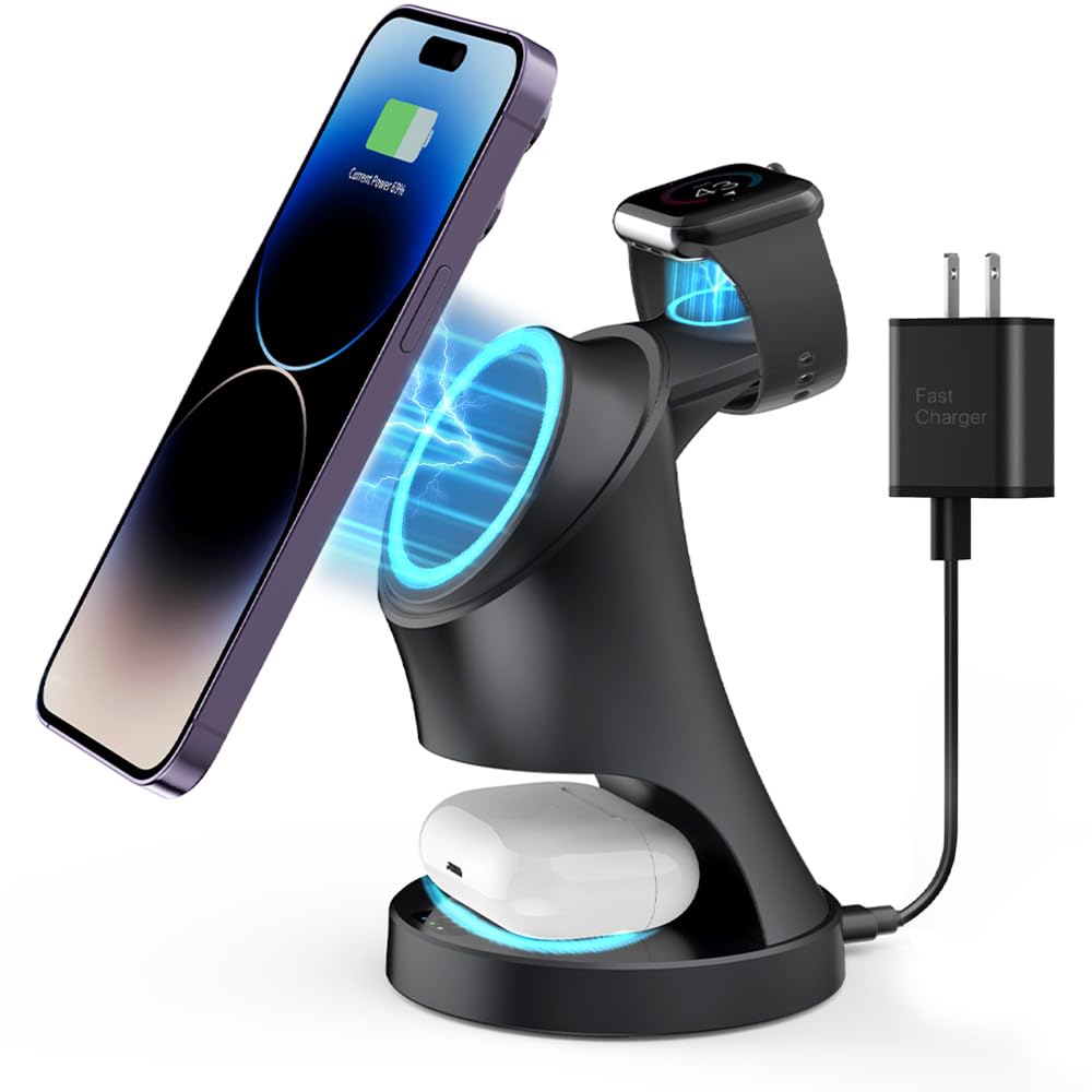 Stazione di ricarica 3 in 1 per dispositivi Apple 18 W Fast Mag-Safe Charger Stand Stazione di ricarica wireless magnetica per iPhone16 15 14 13 12 Pro/Pro Max/Plus/Mini AirPods