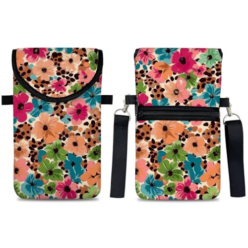 Image of Neoprene Cell Phone Sleeve Pouch Case Bag with Crossbody Strap Neck Lanyard for Women 7.5 X 4.3 in Floral Pattern
