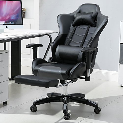 LZQ Racing Sportsitz Gamingstuhl Bürostuhl mit Fußstützen, PU Kunstleder Bürodrehstuhl, Chefsessel Schreibtischstuhl Drehstuhl mit Armlehnen, Wippfunktion und Höhenverstellbar (Grau-Schwarz) - 2