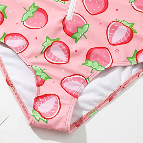 Kids Girls Strawberry Print Short Sleeve Zipper Swimsuit One Piece UPF 50+ Rash Guard Lightweight Beach Swimwear4