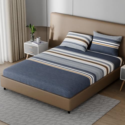 Image of BLISSHOME SoftTouch 150TC Cotton King Size Fitted Bedsheet with 2 Pillow Covers, Silky Smooth Bedding Set, Breathable, Easy Maintain, Geometric Pattern - Grey (183cm x 198cm + 25cm Drop)