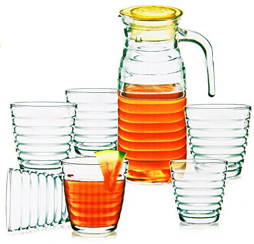 Wamat Saftkrug mit 6 Gläsern Glaskrug Wasserkrug Bistro Krug Milchkrug Weinkaraffe 7-Set