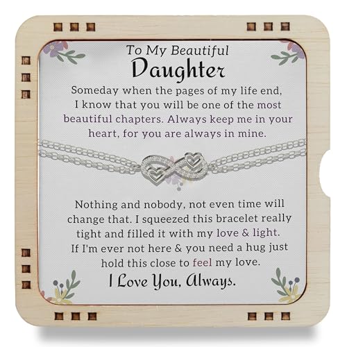 To My Beautiful Daughter I Love You Always from Dad Or Mom, 925 Sterling Silver Infinity Bracelet with Heart touching card, Birthday Gift,Graduation Gift for Daughter From Parents