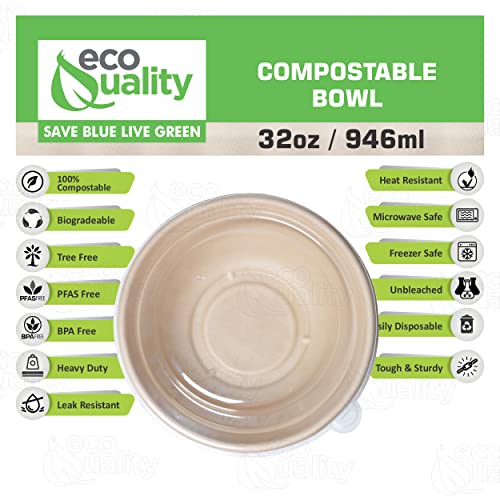 [100 Pack] 32 oz Round Disposable Compostable Paper Bowls with Dome Lids Heavy-Duty, Eco-Friendly Natural Bagasse Unbleached, Heat Resistant, 100% Biodegradable Salad Bowls Alternative to Plastic - Thumbnail 2