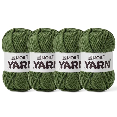 Image of 4 Packs Fluffy Chenille Yarn for Crocheting, Chunky Velvet Yarns for Crochet Amigurumi, Baby Yarn for Crocheting Soft Blanket, 349.9yds /14.1 oz Bulky Yarns for Crafts /Hats /Shoes /Socks (4 Army Green)