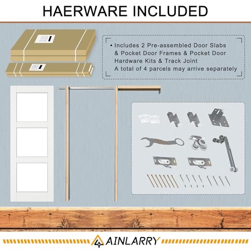 Image of 56 inch x 80 inch (Double 28 inch x 80 inch) Clear Glass Pocket Door, Soft-Close Sliding Pocket Door with Frame & Hardware Kit Set, Primed All-Inclusive Interior Door Slab for Home,White