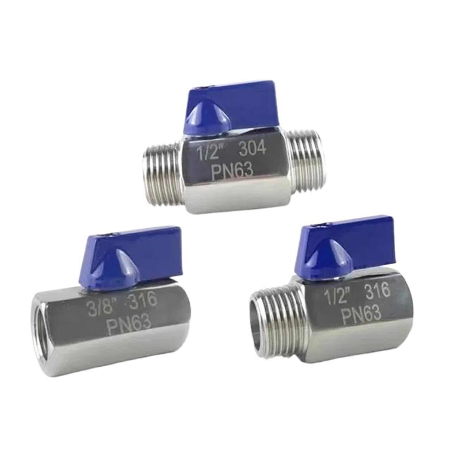 1 unidad 1/8 "1/4" 3/8 "1/2" 3/4 "1" BSP F/MM/MF/F Mini válvula de bola sanitaria 304 acero inoxidable con mango azul(Male Male,1")
