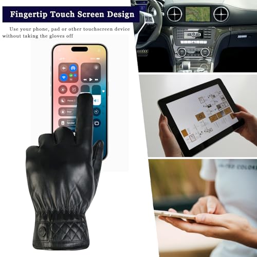 Long Keeper PU Lederhandschuhe Herren Winter Veganes Leder Touchscreen Thermo Warme Handschuhe Schwarz zum Fahren Motorrad Laufen Radfahren