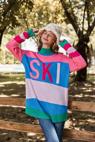 Image of Yousify Womens Sweaters Fall 2025 Oversized Color Block Ski Sweater Crewneck Winter Tops S-2XL