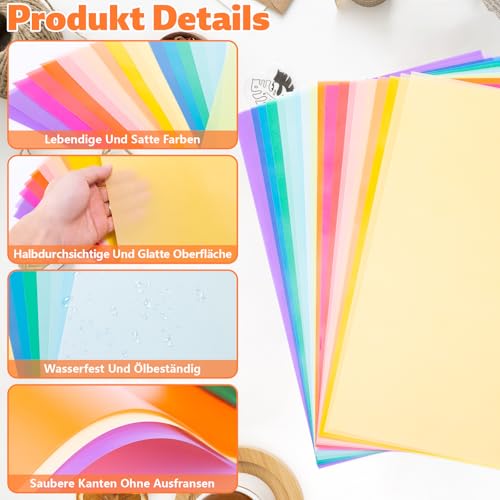 20 Blatt Transparentpapier Bunt A4, 20 Farben Pergamentpapier Bunt, 21 x 29.7cm Transparentpapier Origami, Tracing Paper Printable 100 g/m² Wachspapier Zum Basteln Für Sammelalben, Umschläge, Laternen