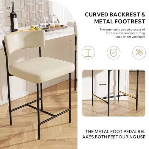 Image of Bar Stools Set of 4, Faux Leather Counter Height Barstools with Curved Back, 25 Inch Upholstered Bar Chairs, Modern Counter Stools for Kitchen lsland, Beige
