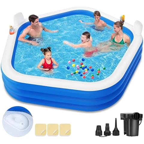 Inflatable Swimming Pool with Pump, 90" X 90" X 26" Kiddie Pool with Seats and Headrests, Oversized Thickened Blow-Up Pool for Kids, Adults, Family, Pools for Outdoor, Backyard, Indoor Cover