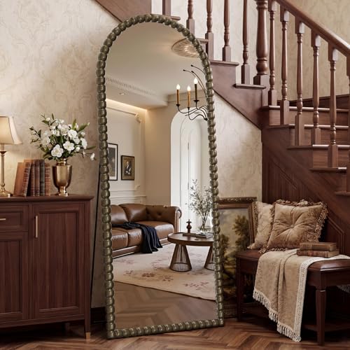 Image of Vintage Full Length Mirror with Stand, 71x28 Inch Arched Beaded Full Body Mirrors, Large Floor Mirror Standing Mirror Full Length Wall Mounted Decor for Bedroom Living Room Cloakroom, PU Frame, Bronze