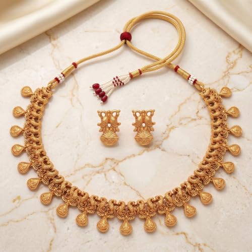 Image of Gold-Plated Antique Temple Jewellery Set for Women - Traditional Necklace with Large Peacock Pendant & Matching Jhumka Earrings | Ethnic Festive & Bridal Wear Set with Ruby & Emerald Accents