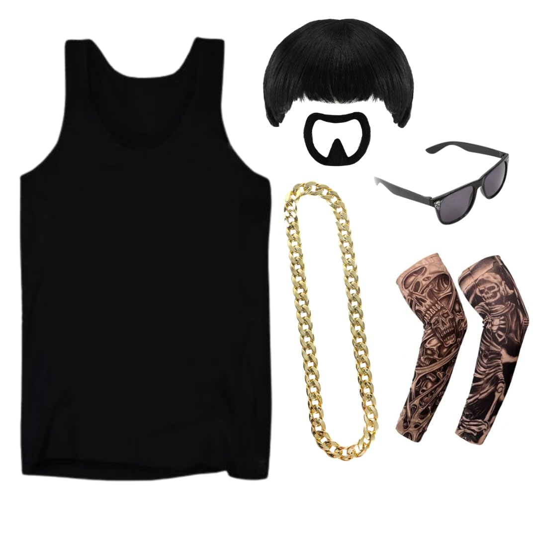 Ibiza Final Boss Costume – Black Vest, Bowl Cut Wig, Tattoo Sleeves, Gold Chain, Goatee & Black Glasses – Funny Fancy Dress Outfit for Festivals & Parties - Large