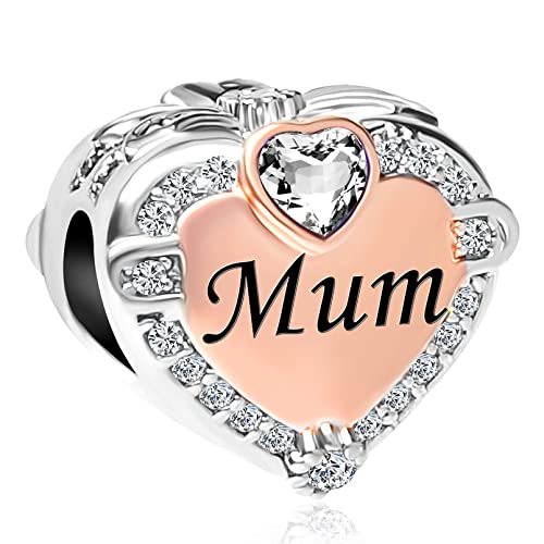 Image of Two-tone Family Rose Gold Love Heart Charm fits Pandora Charms Moments Bracelets Clear Cubic Zirconia Birthstones