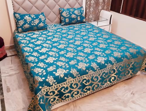 Image of Velvet Queen Size Bedsheet Set, 3 Piece Jaquard Weaved Long Life Bedsheet With 2 Pillow Covers, Coffee Colour (Blue), 250 TC